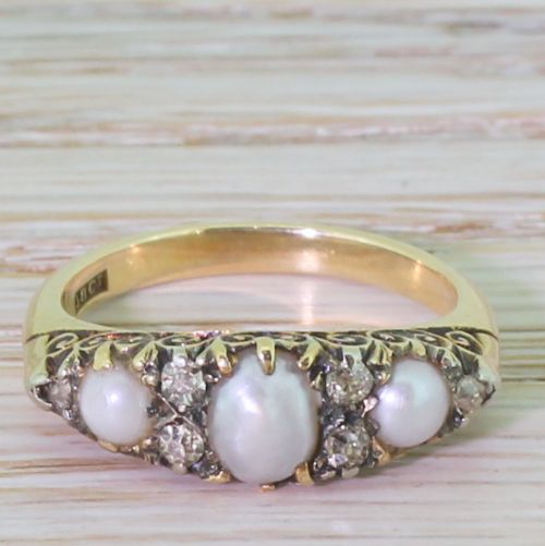 fig 1. Art Deco Natural Pearl & Old Cut Diamond Half Hoop Ring, circa 1920