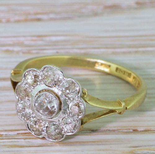 Edwardian 0.72 Carat Old Cut Diamond Target Cluster Ring, Circa 1910
