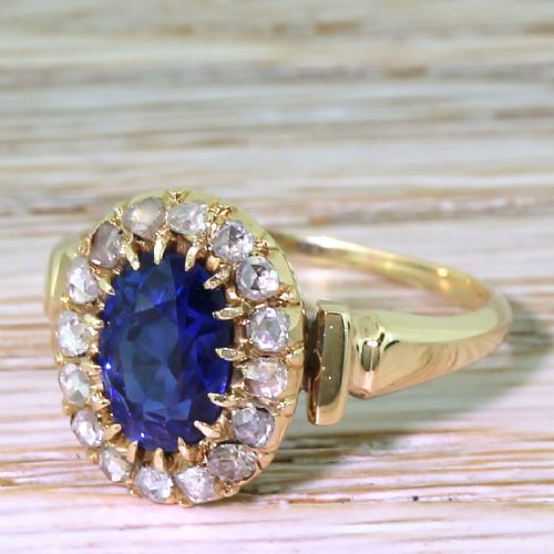 Art Deco 1.88 Carat Natural Sapphire & Rose Cut Diamond Cluster Ring, Circa 1915