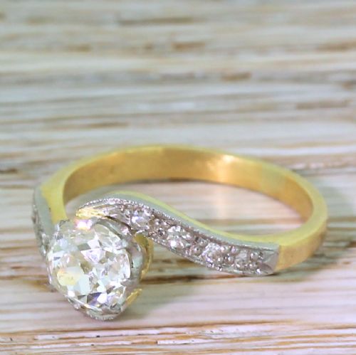 Art Deco 0.80 Carat Old Cut Diamond Crossover Engagement Ring, Circa 1930

