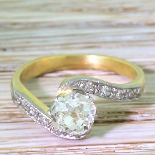 fig 1. Art Deco 0.80 Carat Old Cut Diamond Crossover Engagement Ring, circa 1930