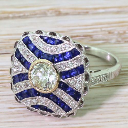 0.65 Carat Old European Cut Diamond & Calibré Cut Sapphire Ring, 18k White Gold
