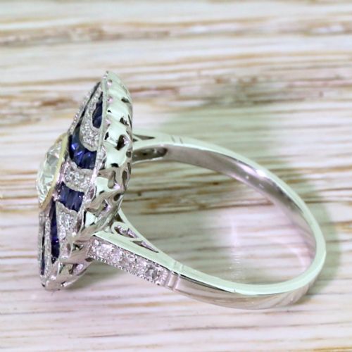 fig 2. 0.65 Carat Old European Cut Diamond & Calibré Cut Sapphire Ring, 18k White Gold
