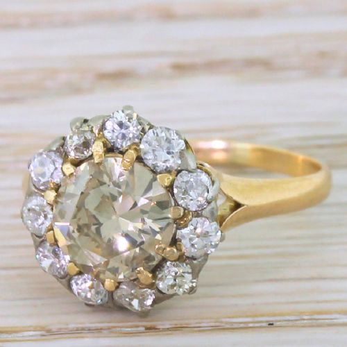 Edwardian 1.94 Carat Light Cognac Old Cut Diamond Cluster Ring, Circa 1910
