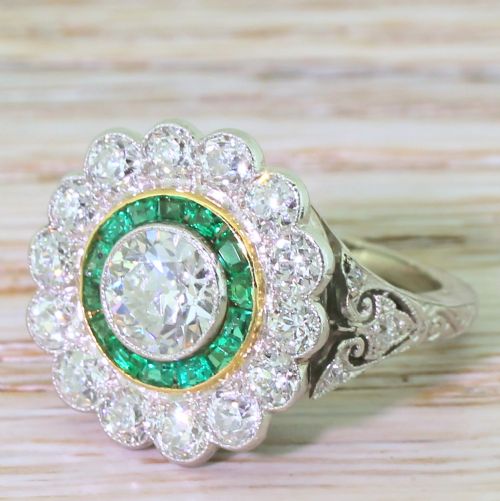 Art Deco 2.77 Carat Old Cut Diamond & Emerald Target Cluster Ring, Circa 1940
