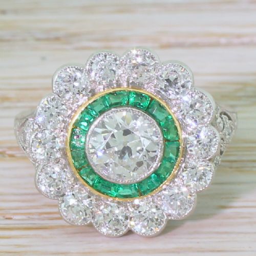 fig 1. Art Deco 2.77 Carat Old Cut Diamond & Emerald Target Cluster Ring, circa 1940