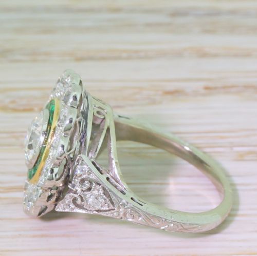 fig 2. Art Deco 2.77 Carat Old Cut Diamond & Emerald Target Cluster Ring, circa 1940