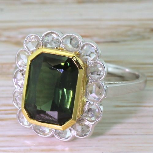 Art Deco 2.63 Carat Green Sapphire & Rose Cut Diamond Ring, Circa 1940
