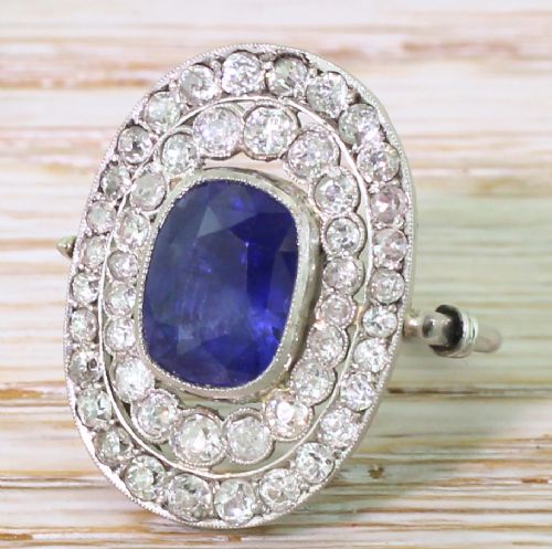 Art Deco 4.17 Carat Sapphire & Old Cut Diamond Double Cluster Ring, Circa 1935

