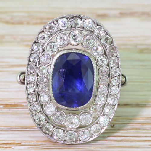 fig 1. Art Deco 4.17 Carat Sapphire & Old Cut Diamond Double Cluster Ring, circa 1935
