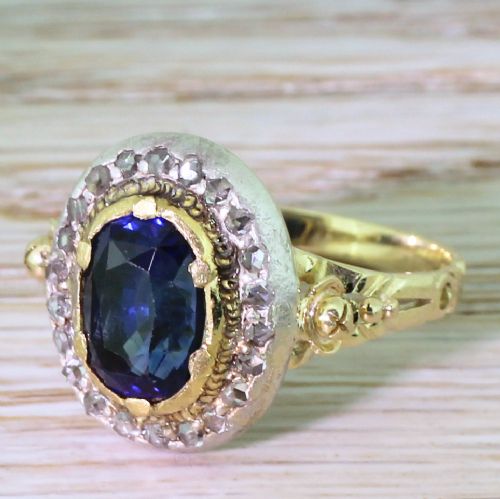 Edwardian 2.96 Carat Natural Ceylon Sapphire & Diamond Ring, Circa 1910
