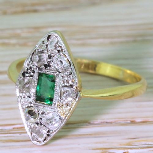 Art Deco Emerald & Rose Cut Diamond Navette Ring, Circa 1920
