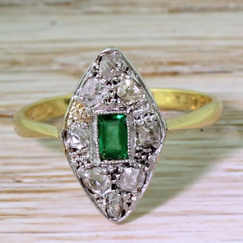 fig 1. Art Deco Emerald & Rose Cut Diamond Navette Ring, circa 1920