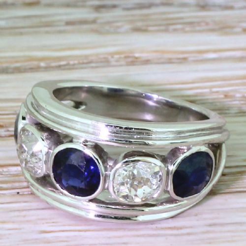 Art Deco Natural Sapphire & Old Cut Diamond Five Stone Ring, Circa 1920

