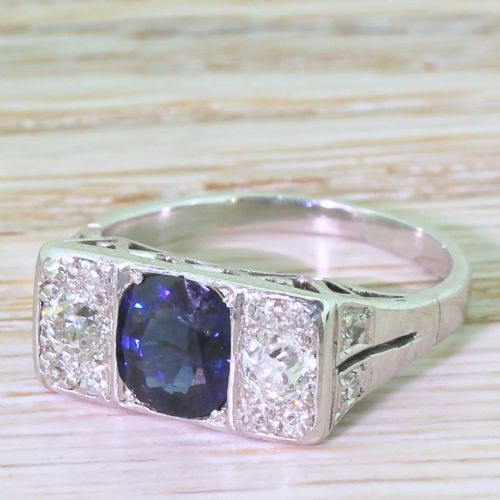 Art Deco Natural Sapphire & Old Cut Diamond Trilogy Ring, Circa 1940
