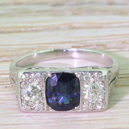 fig 1. Art Deco Natural Sapphire & Old Cut Diamond Trilogy Ring, circa 1940
