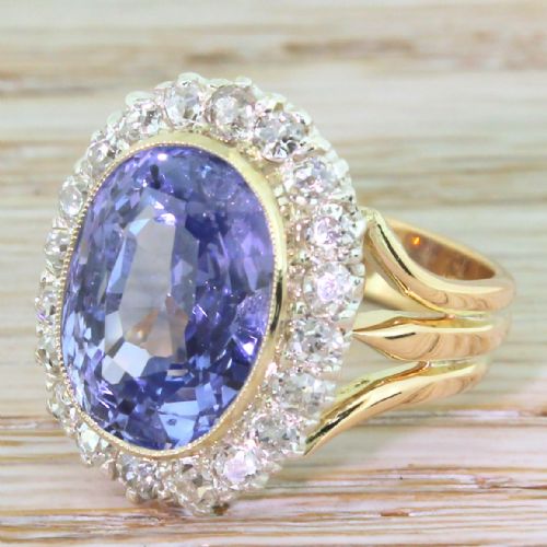 Art Deco 9.14 Carat Natural Ceylon Sapphire & Diamond Ring, Circa 1925
