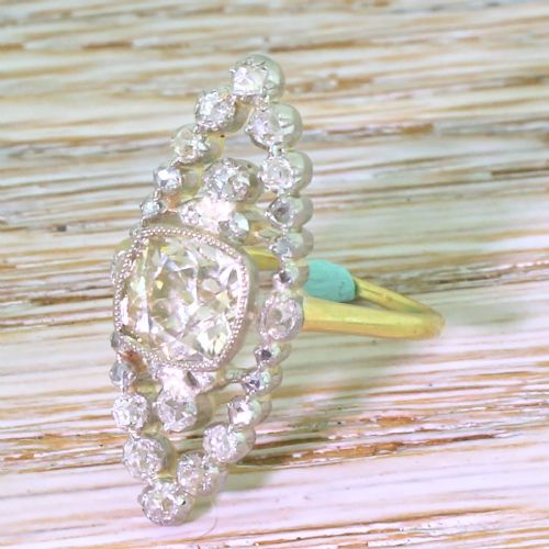 Edwardian 1.62 Carat Light Cognac Navette Cluster Ring, Circa 1905
