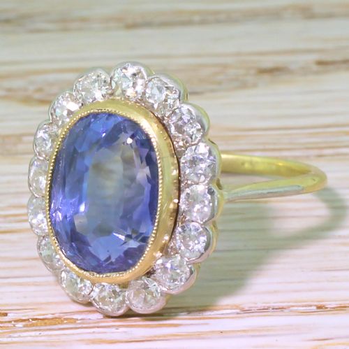 Art Deco 8.51 Carat Natural Ceylon Sapphire & Diamond Ring, Circa 1935
