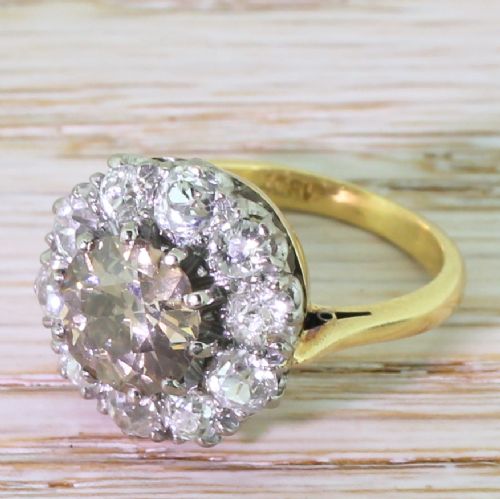 Mid Century 3.64 Carat Fancy Cognac Old Cut Diamond Cluster Ring, Circa 1945
