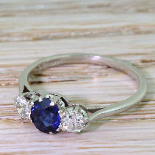 Art Deco Sapphire & Old Cut Diamond Trilogy Ring, Circa 1930
