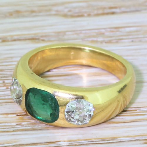 Victorian 0.67 Carat Emerald & 1.17 Carat Old Cut Diamond Trilogy Ring, Circa 1900
