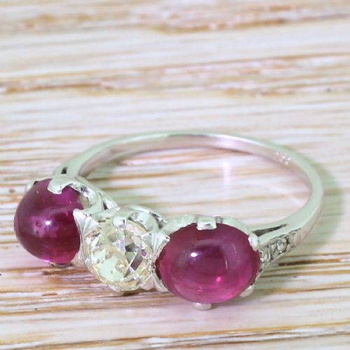 Art Deco Old Cut Diamond & Cabochon Ruby Trilogy Ring, Circa 1940
