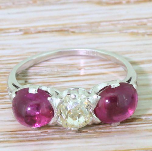 fig 1. Art Deco Old Cut Diamond & Cabochon Ruby Trilogy Ring, circa 1940