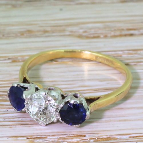 Art Deco 0.75 Carat Old Cut Diamond & Sapphire Trilogy Ring, Circa 1935

