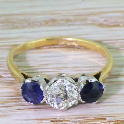 fig 1. Art Deco 0.75 Carat Old Cut Diamond & Sapphire Trilogy Ring, circa 1935
