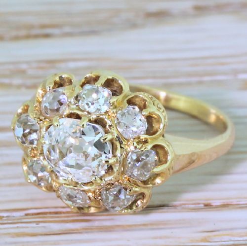 Victorian 1.55 Carat Old Cut Diamond Cluster Ring, Circa 1900
