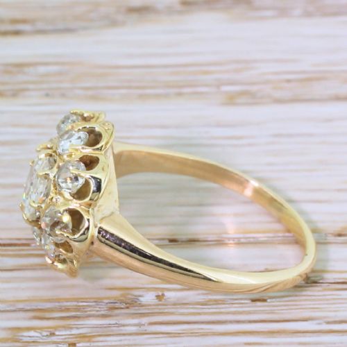 fig 2. A Victorian yellow gold ring featuring a central old cut diamond surrounded by a halo of smaller diamonds in a scalloped cluster setting.