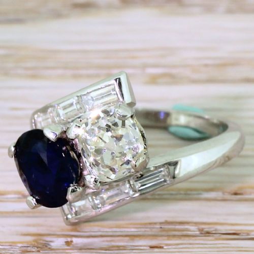 Art Deco 1.33 Carat Old Cut Diamond & 1.40 Carat Sapphire Crossover Ring, Circa 1925
