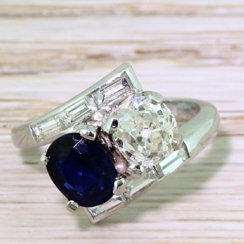fig 1. Art Deco 1.33 Carat Old Cut Diamond & 1.40 Carat Sapphire Crossover Ring, circa 1925