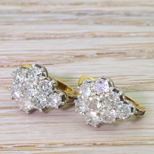Art Deco 2.08 Carat Transitional Cut Diamond Cluster Earrings, Circa 1945

