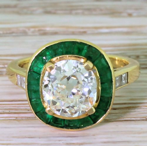 fig 1. Mid Century 1.91 Carat Old Cut Diamond & Emerald Halo Ring, French, 1950