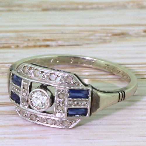 Art Deco Old Cut Diamond & Baguette Cut Sapphire Ring, French, Dated 1933

