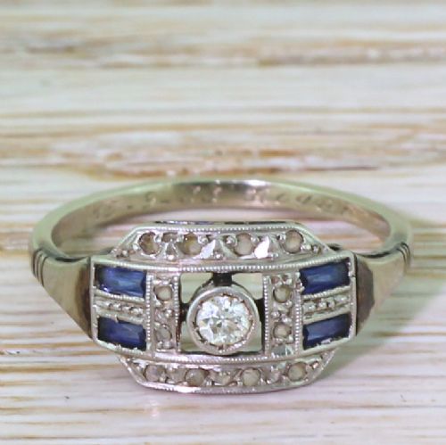 fig 1. Art Deco Old Cut Diamond & Baguette Cut Sapphire Ring, French, dated 1933
