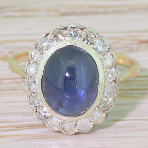 fig 1. Art Deco 2.50 Carat Cabochon Sapphire & Diamond Cluster Ring, circa 1940