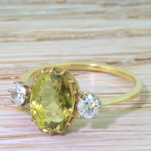 Art Deco 3.17 Carat Chrysoberyl & Old Cut Diamond Trilogy Ring, Circa 1925