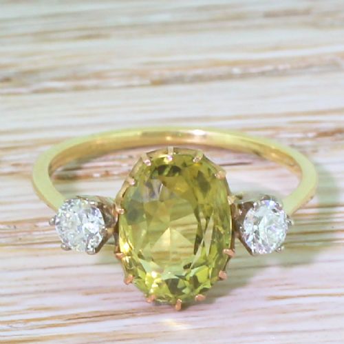 fig 1. Art Deco 3.17 Carat Chrysoberyl & Old Cut Diamond Trilogy Ring, circa 1925