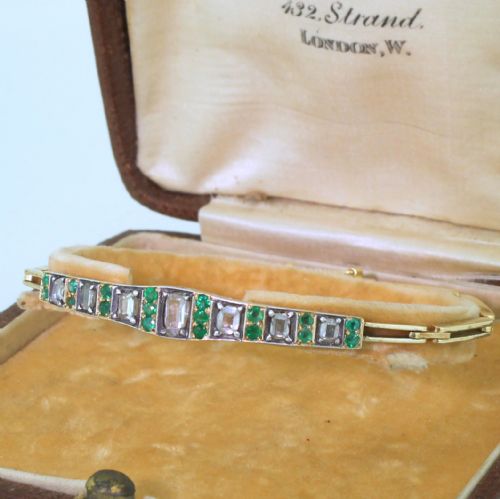 Edwardian Rose Cut Diamond & Emerald Bracelet, with Original Box, Circa 1905
