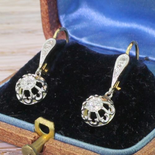 Art Deco Old Cut & Rose Cut Diamond Drop Earrings, French, Circa 1930
