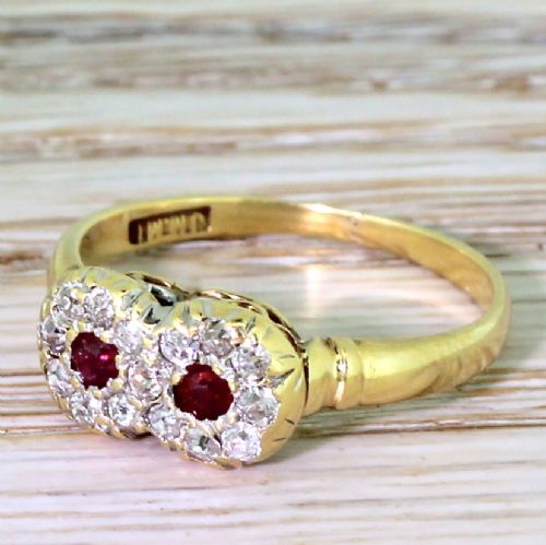 Victorian Ruby & Old Cut Diamond Double Cluster Ring, Circa 1900
