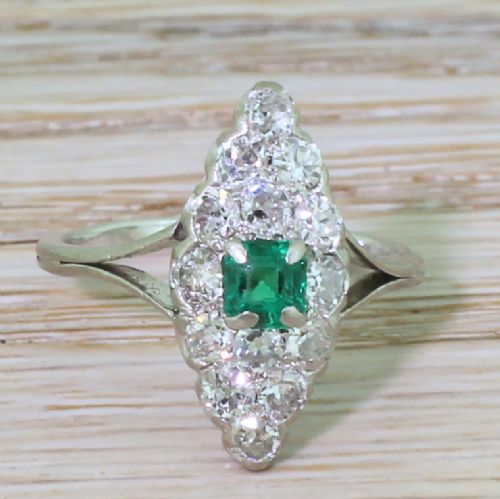 fig 1. Art Deco Step Cut Emerald & Old Cut Diamond Navette Ring, French, circa 1925
