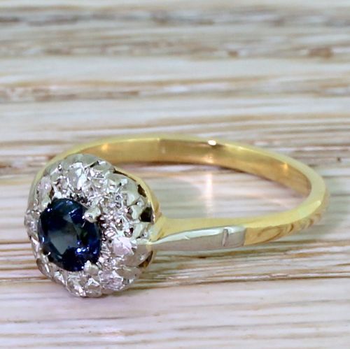 Mid Century Sapphire & Eight Cut Diamond Cluster Ring, 1950
