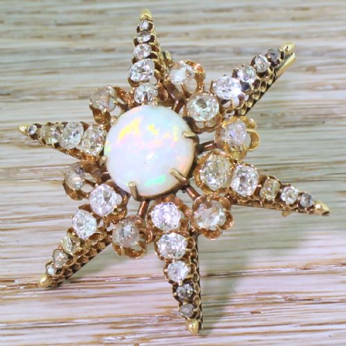 Victorian Opal, Old Cut Diamond & Rose Cut Diamond Star Brooch, Circa 1880

