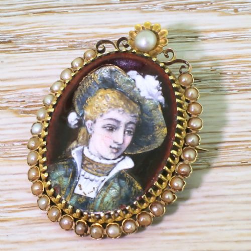 Early 20th Century Natural Pearl & Enamel Portrait Brooch, French, Circa 1910
