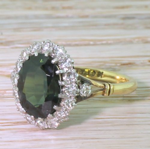 Art Deco 3.38 Carat Green Sapphire & Diamond Coronet Cluster Ring, Circa 1940
