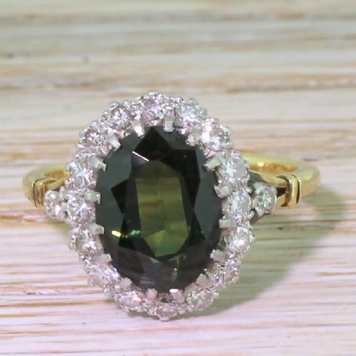 fig 1. Art Deco 3.38 Carat Green Sapphire & Diamond Coronet Cluster Ring, circa 1940